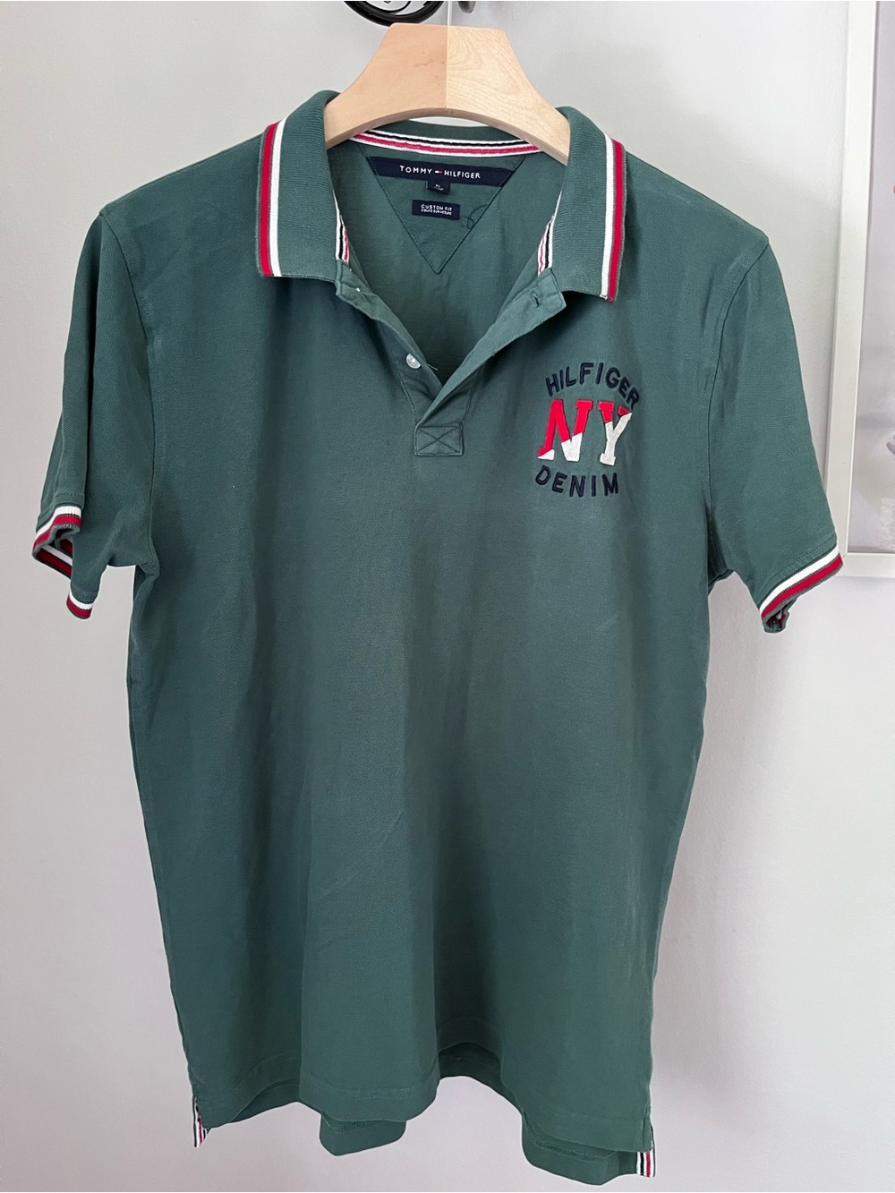 Tommy Hilfiger Forest Green Polo with Red-White Trim and NY Denim Logo